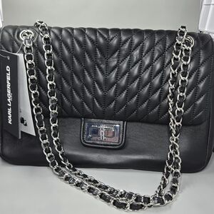 Karl Lagerfeld Black Quilted Shoulder Bag with Silver Chain Strap